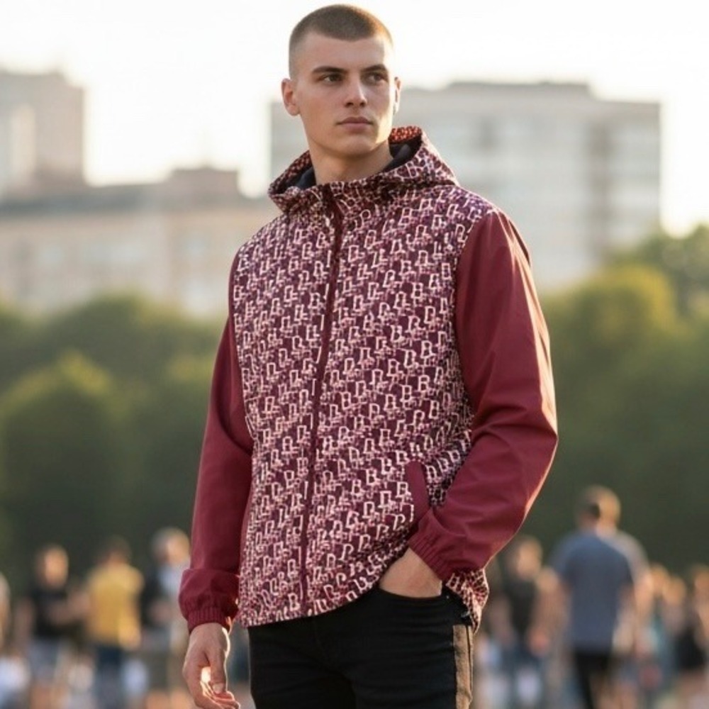Manfinity Men's Hooded Lightweight Jacket Sz L Burgundy BEST Monogram Print NWOT